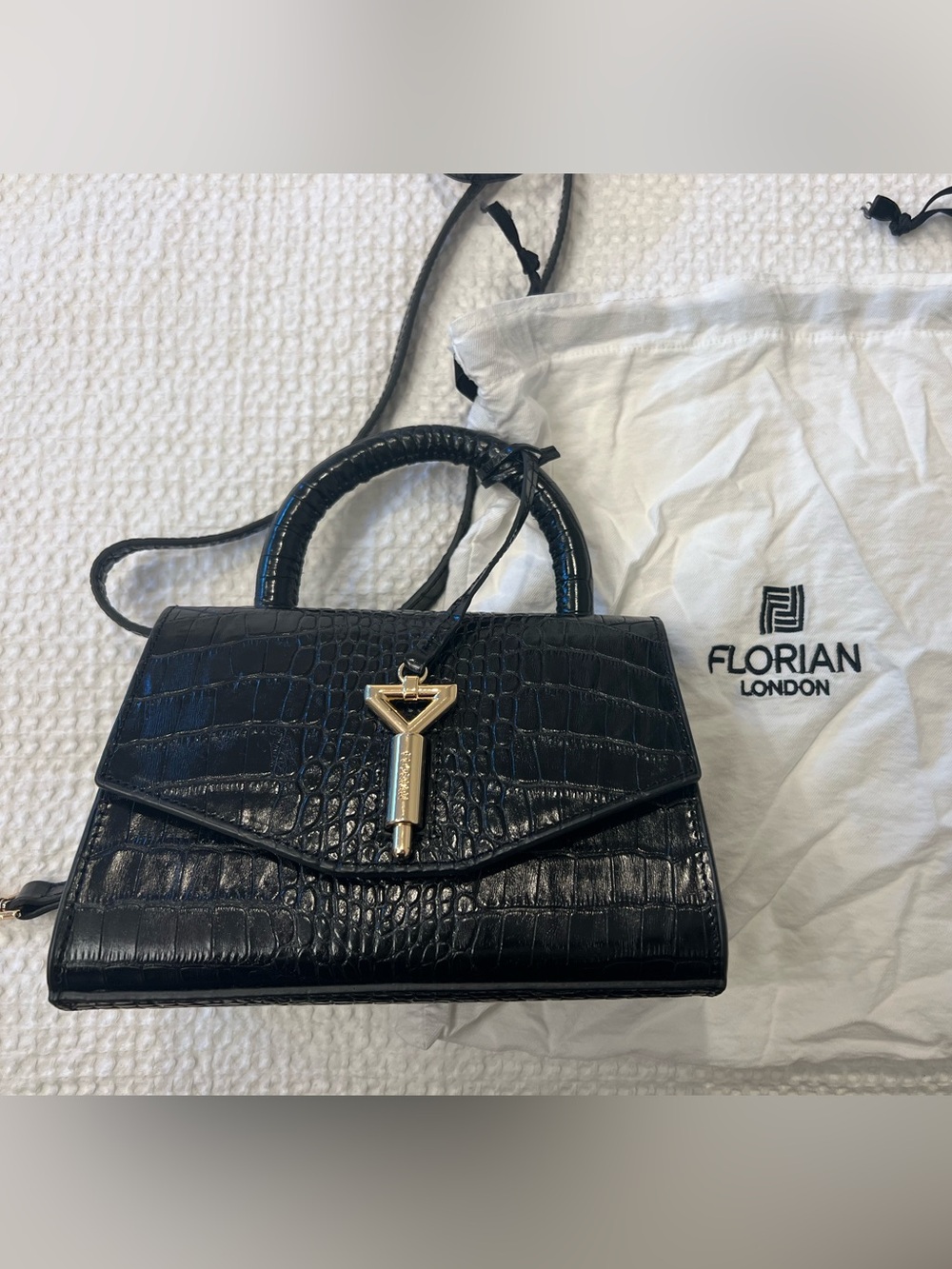 Black Croc-Embossed Top-Handle Bag by Florian w/ detachable strap